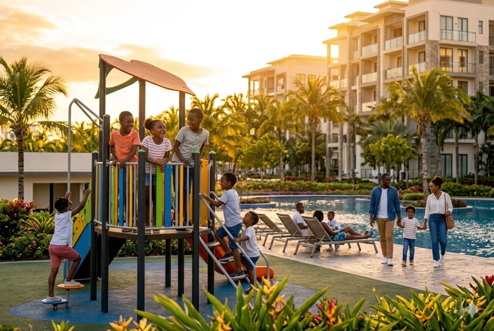 Families enjoying a gated community with pool and playground