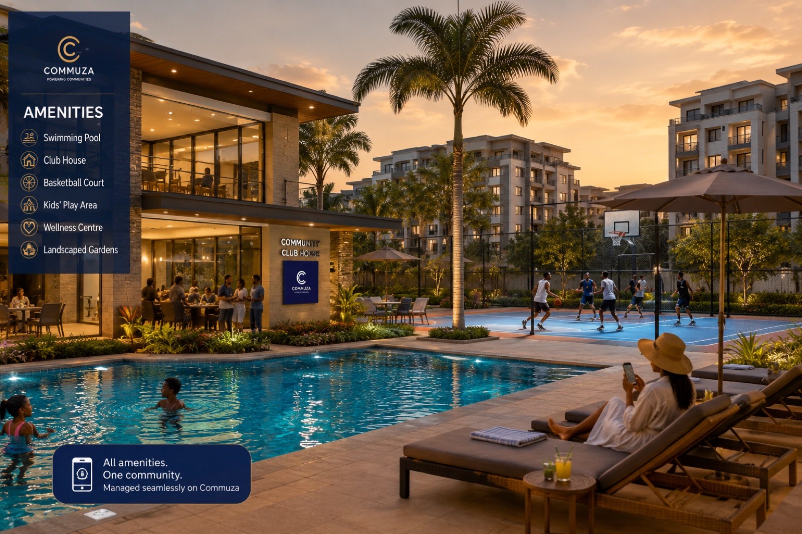 A managed community with pool, clubhouse and amenities — all run on Commuza