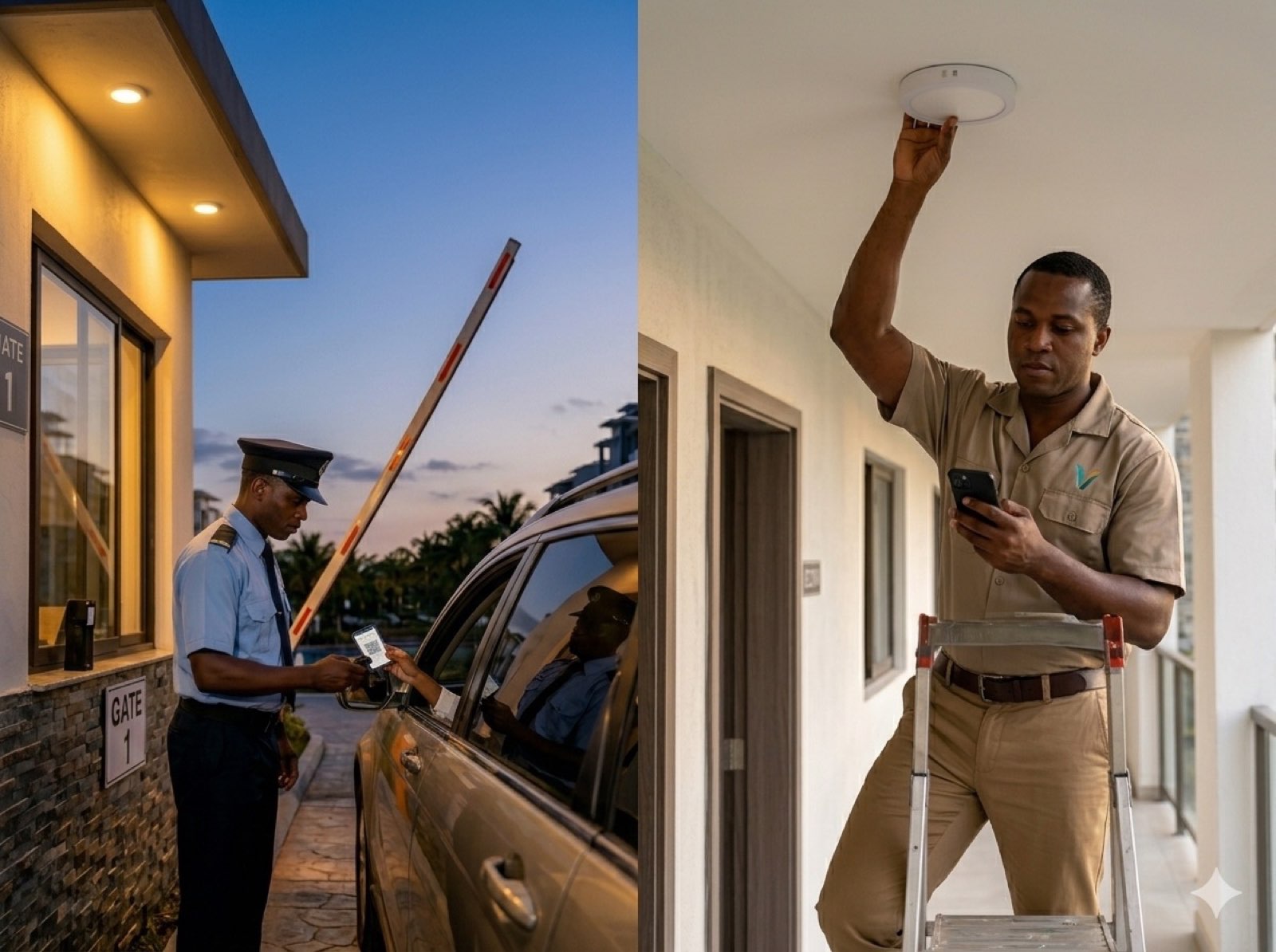 Security officer checking a visitor at the community gate at dusk