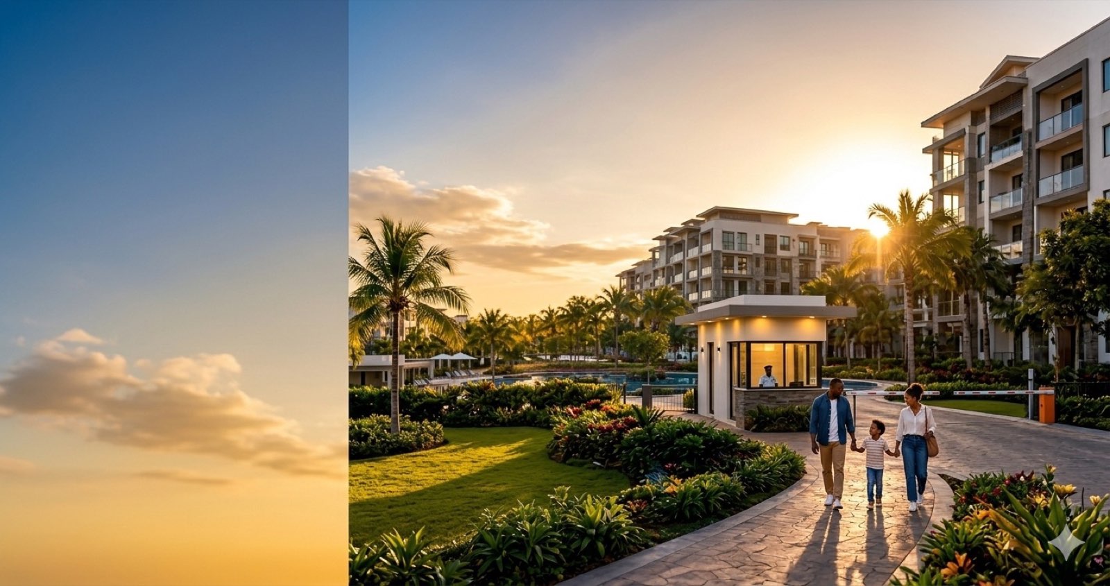 A modern gated estate at sunset with a family walking past the gatehouse